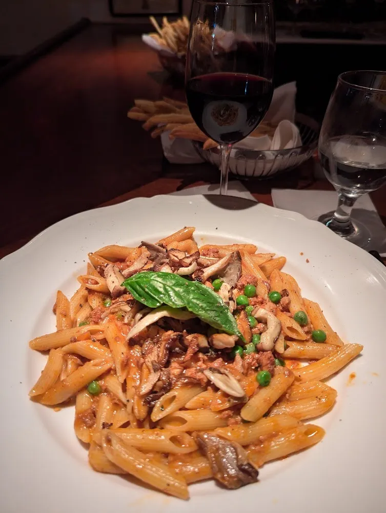 Penne with Meat Ragu Peas and Mushrooms
